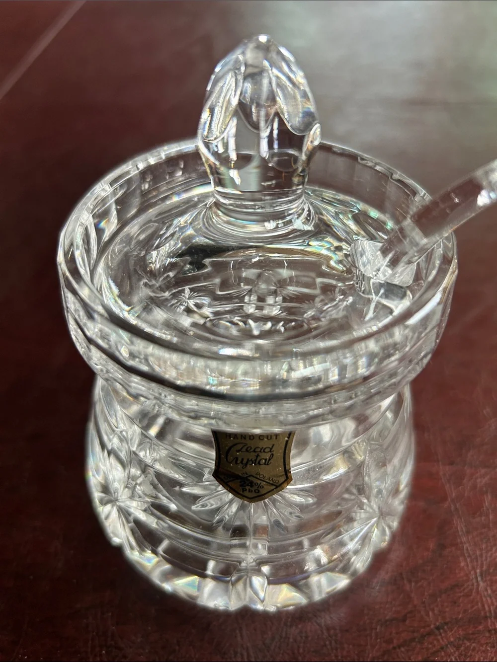 Hand-Cut Clear Lead Crystal Jam Jar with Spoon - Genuine Lead Crystal
